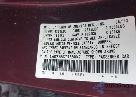 2013 Honda Accord Sport z USA, uszkodzony, nr VIN 1HGCR2F52DA224647